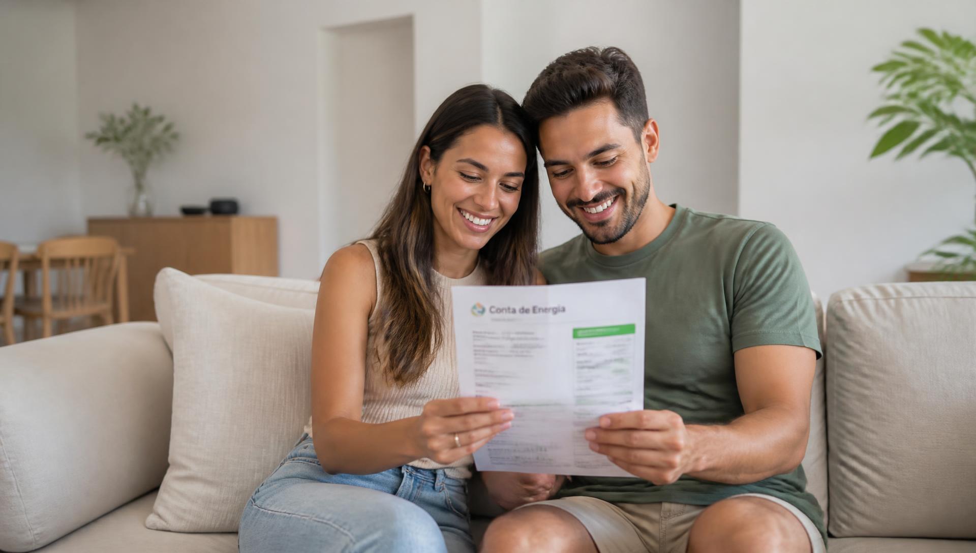 Casal analisando a conta de energia em casa