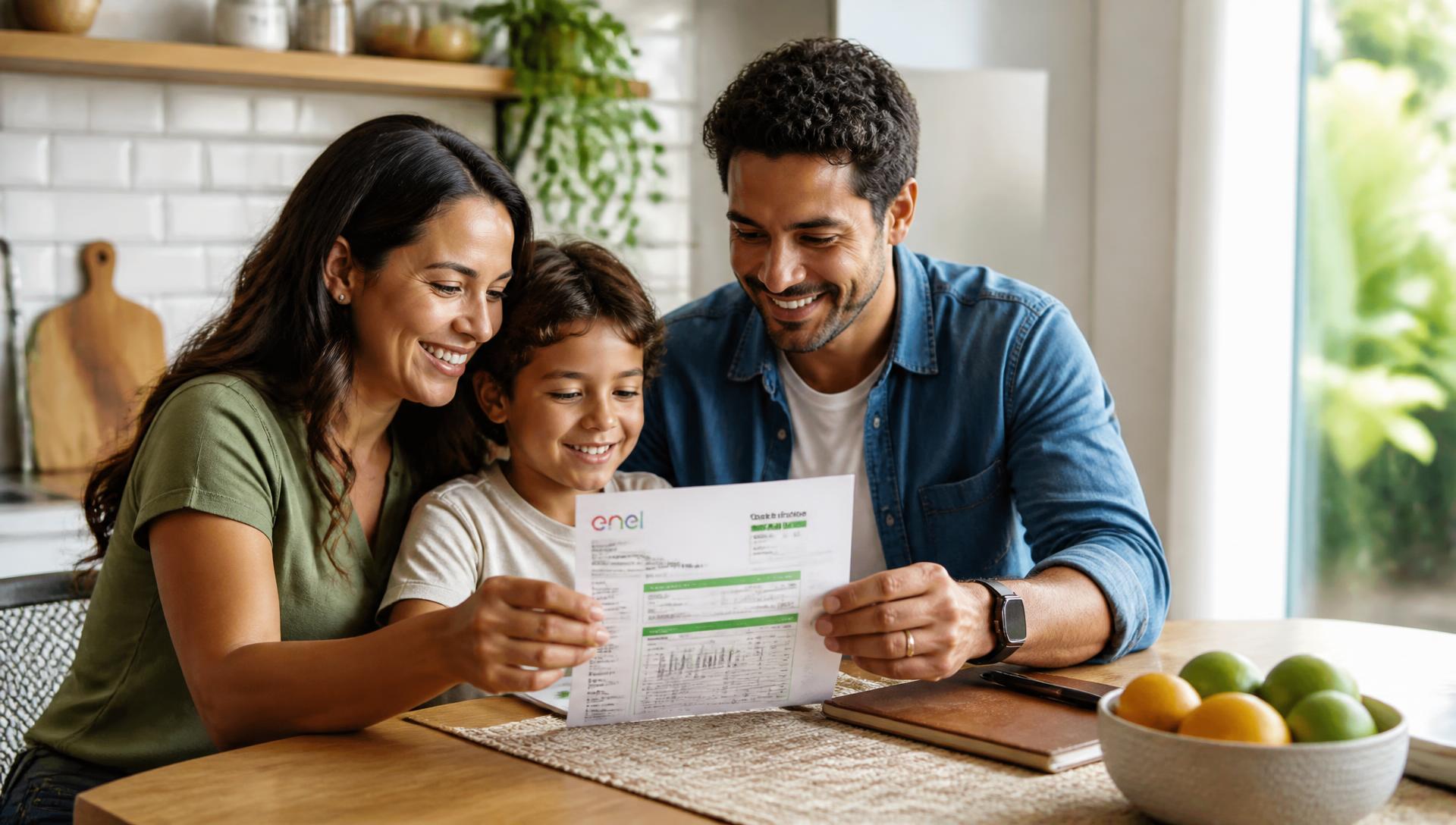 Família brasileira sorrindo ao conferir a conta de energia