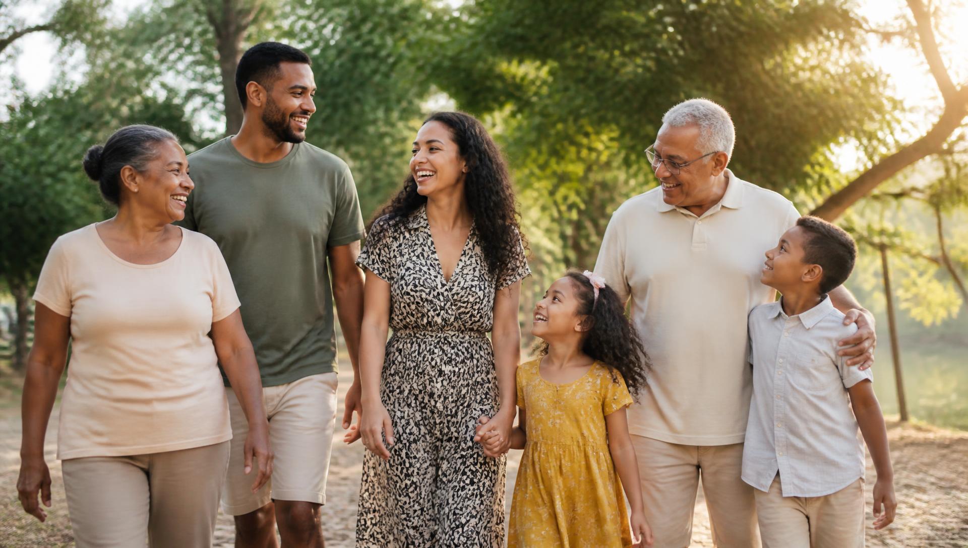 Família brasileira caminhando junta em um parque