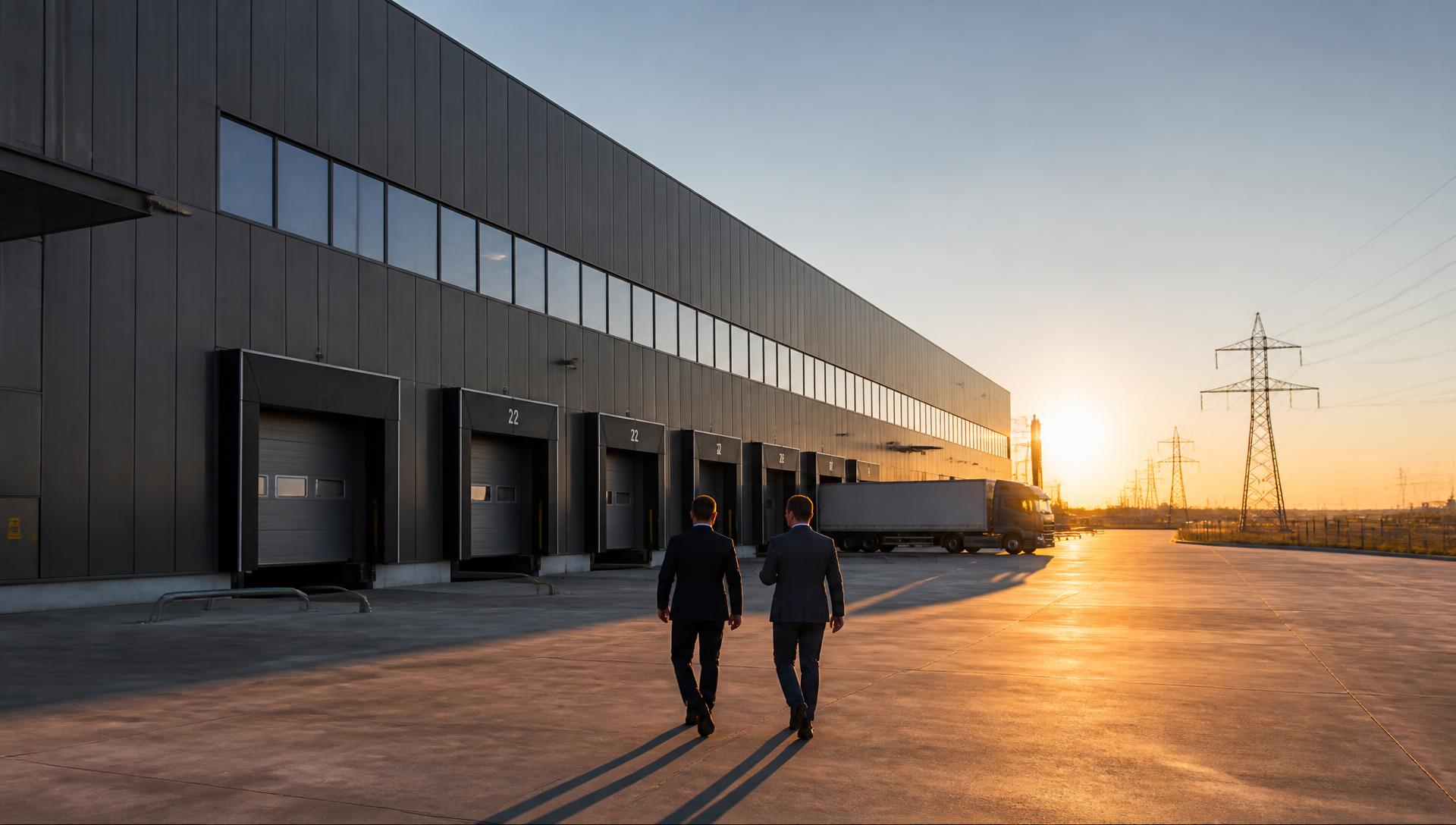 Galpão industrial moderno ao entardecer com linhas de transmissão
