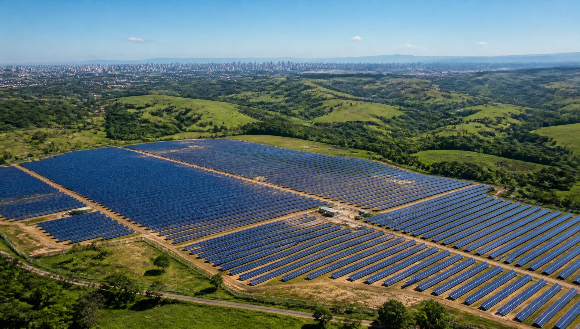 Usina solar em área verde com a cidade ao fundo