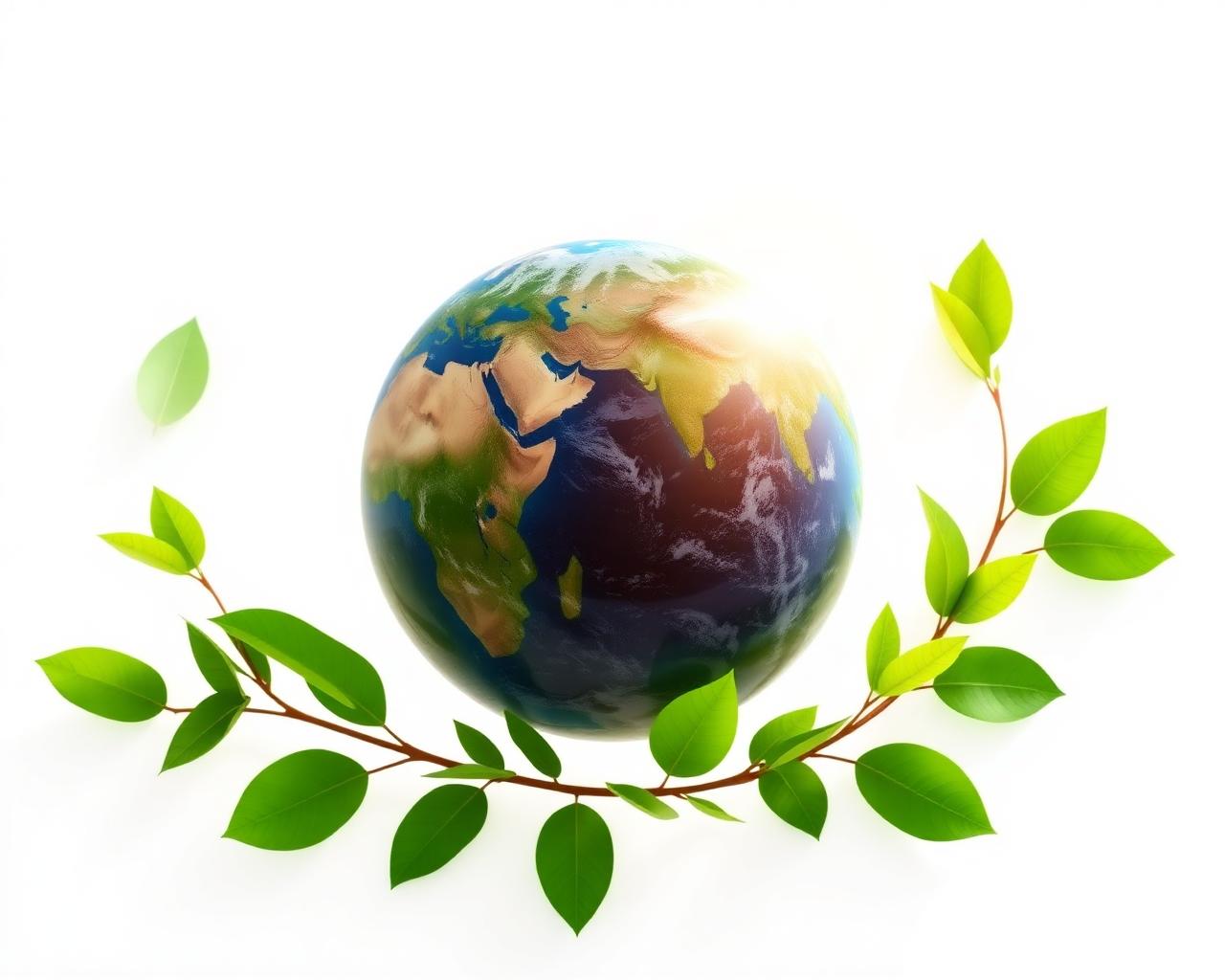 Planeta Terra cercado por folhas verdes representando sustentabilidade