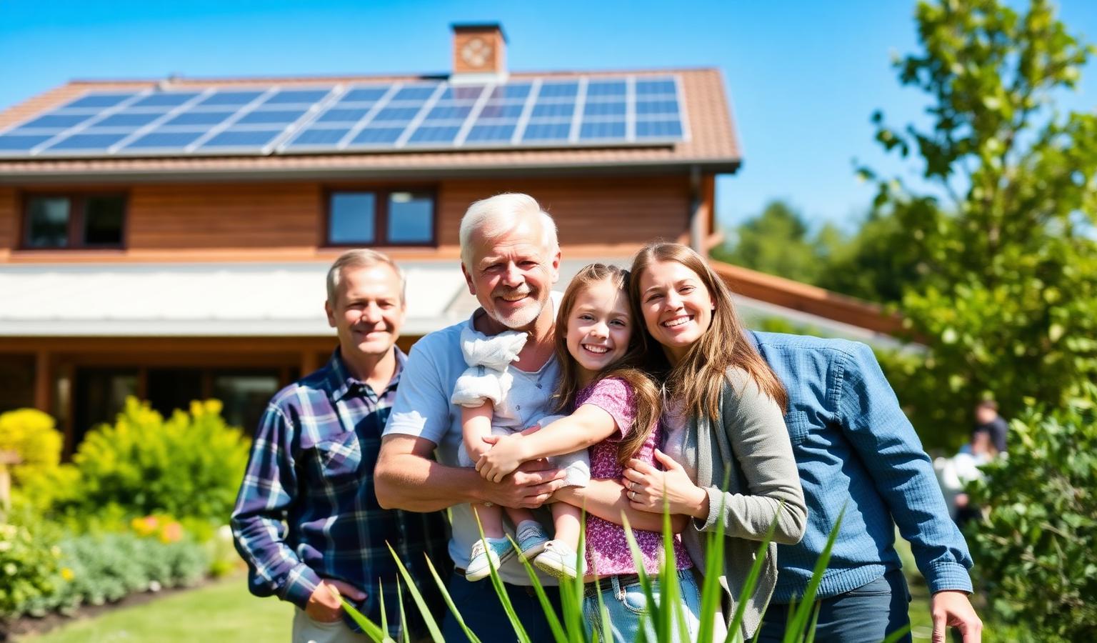 Família em frente a uma casa com painéis solares