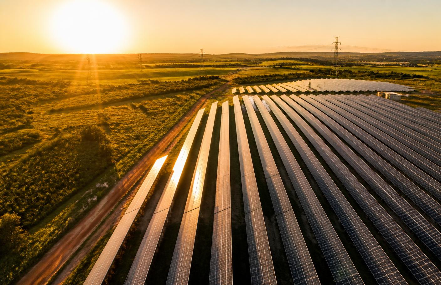 Vista aérea de uma grande usina solar no interior do Brasil